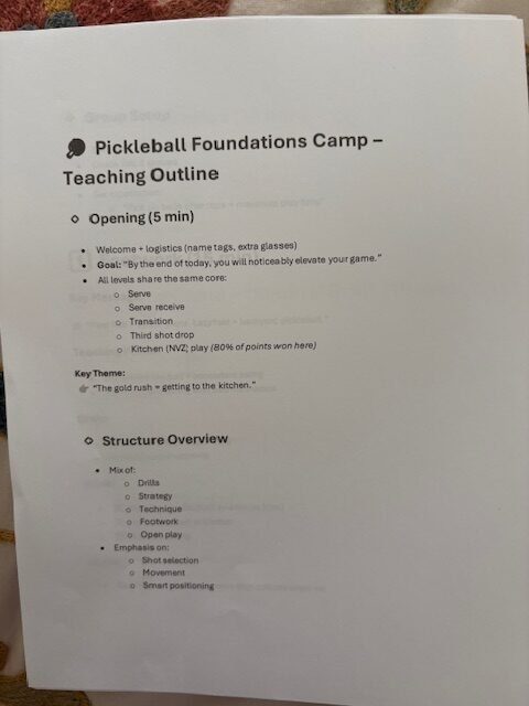 Coach Steve's printed teaching outline for the Pickleball Foundations Camp